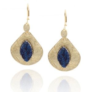 handmade druzy textured brass earrings  navy blue